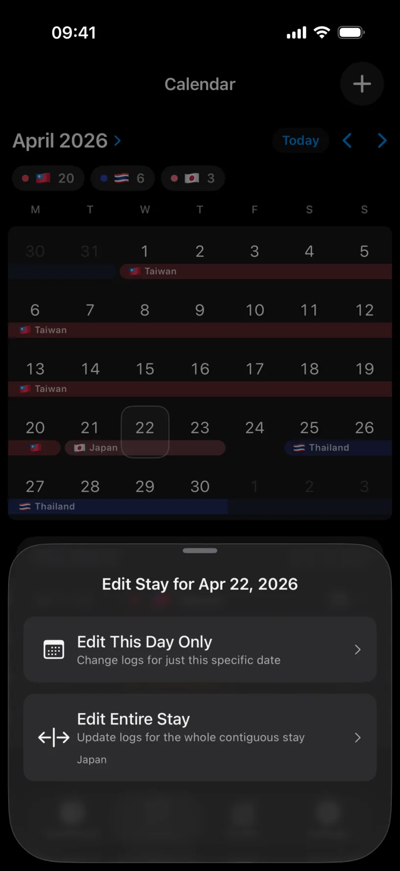 The Edit Stay for Apr 22 sheet offering Edit This Day Only and Edit Entire Stay, Japan