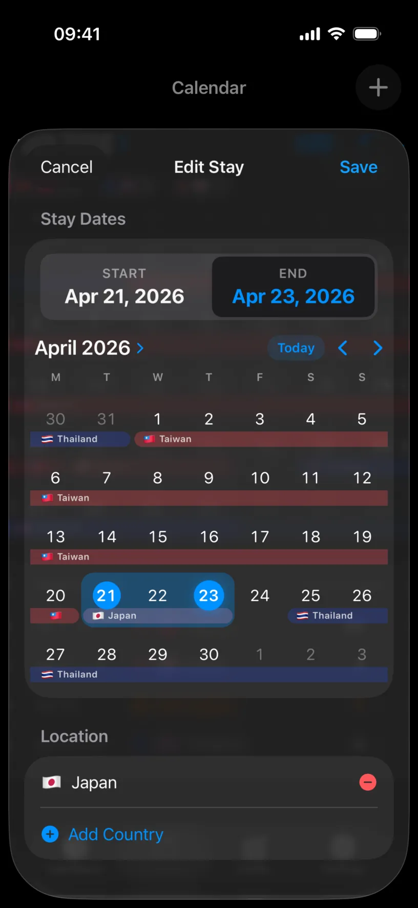 The Edit Stay sheet with START Apr 21 and END Apr 23, and the range highlighted in the April grid