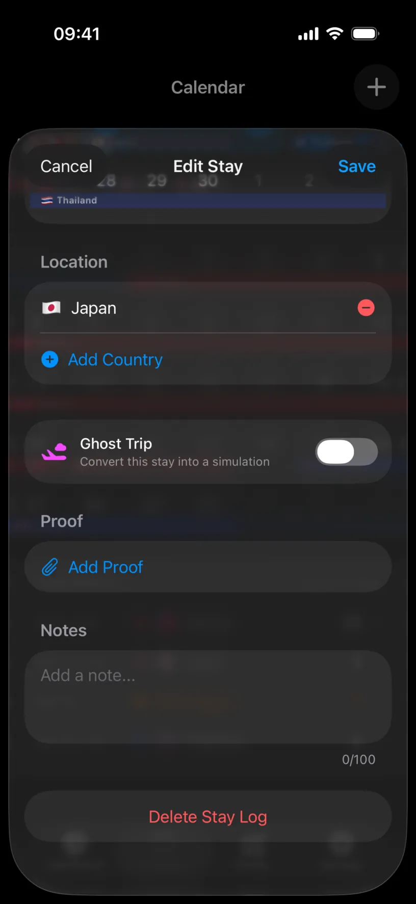 The bottom of the Edit Stay sheet with a Location list holding Japan, an Add Country button, a Ghost Trip switch, Proof, Notes and a Delete Stay Log button
