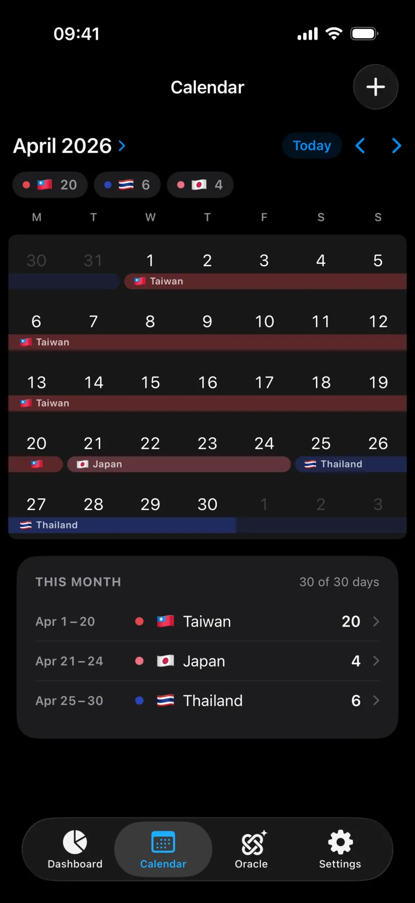 The April 2026 calendar after saving, with the Japan band across 21 to 24 and a THIS MONTH list reading 30 of 30 days