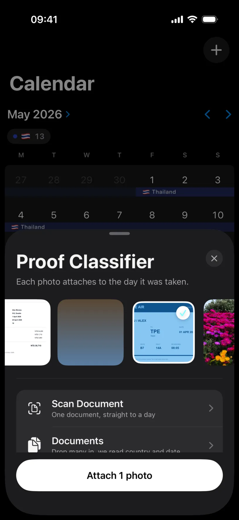 The Proof Classifier sheet with a boarding pass selected in the recent photos strip and an Attach 1 photo button