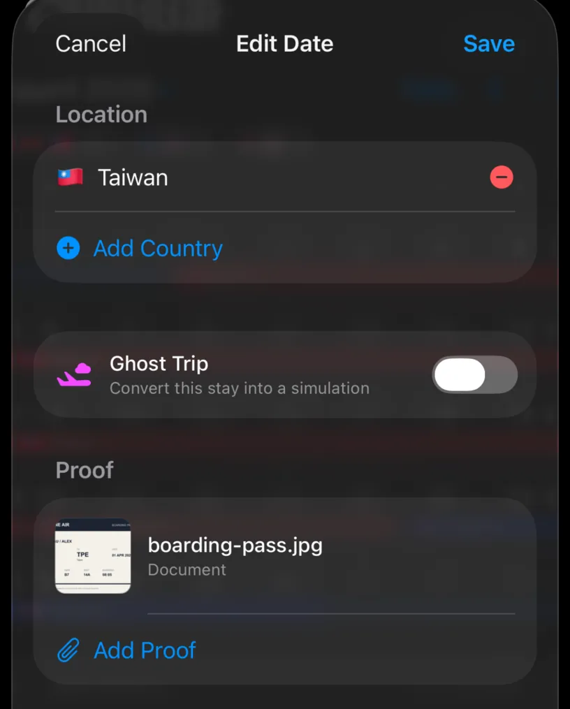 The day sheet for 1 April 2026, with a Location section on Taiwan and a Proof section listing boarding-pass.jpg with its thumbnail