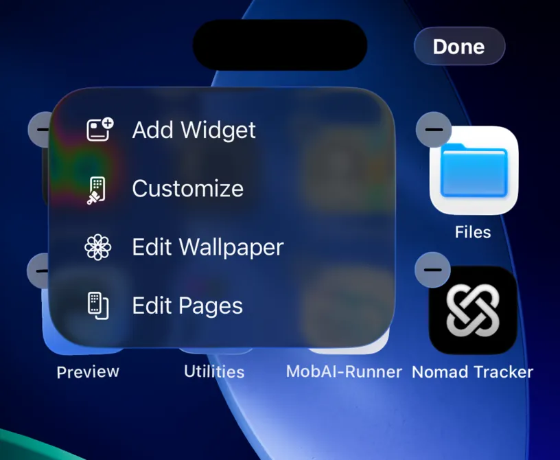The Home Screen in edit mode with a menu offering Add Widget, Customize, Edit Wallpaper and Edit Pages