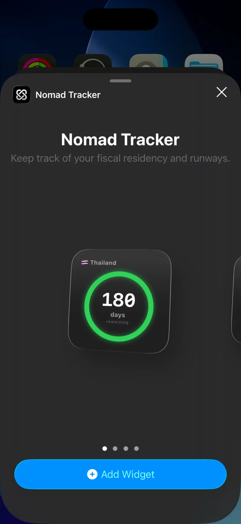 The Nomad Tracker widget preview showing the small size, a ring with days remaining for Thailand, and an Add Widget button