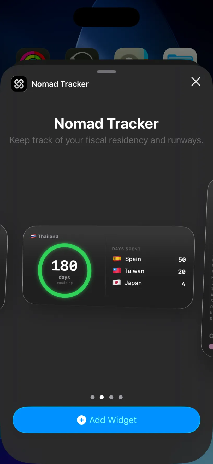 The medium widget preview, with the same ring on the left and a DAYS SPENT list on the right holding Spain 50, Taiwan 20 and Japan 4