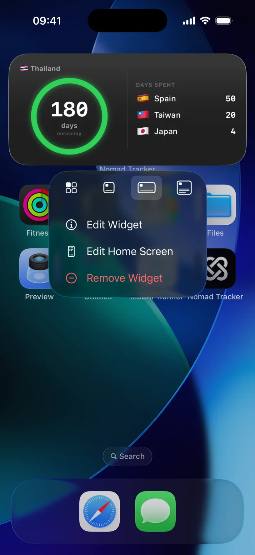 The widget context menu with four size icons, and Edit Widget, Edit Home Screen and Remove Widget