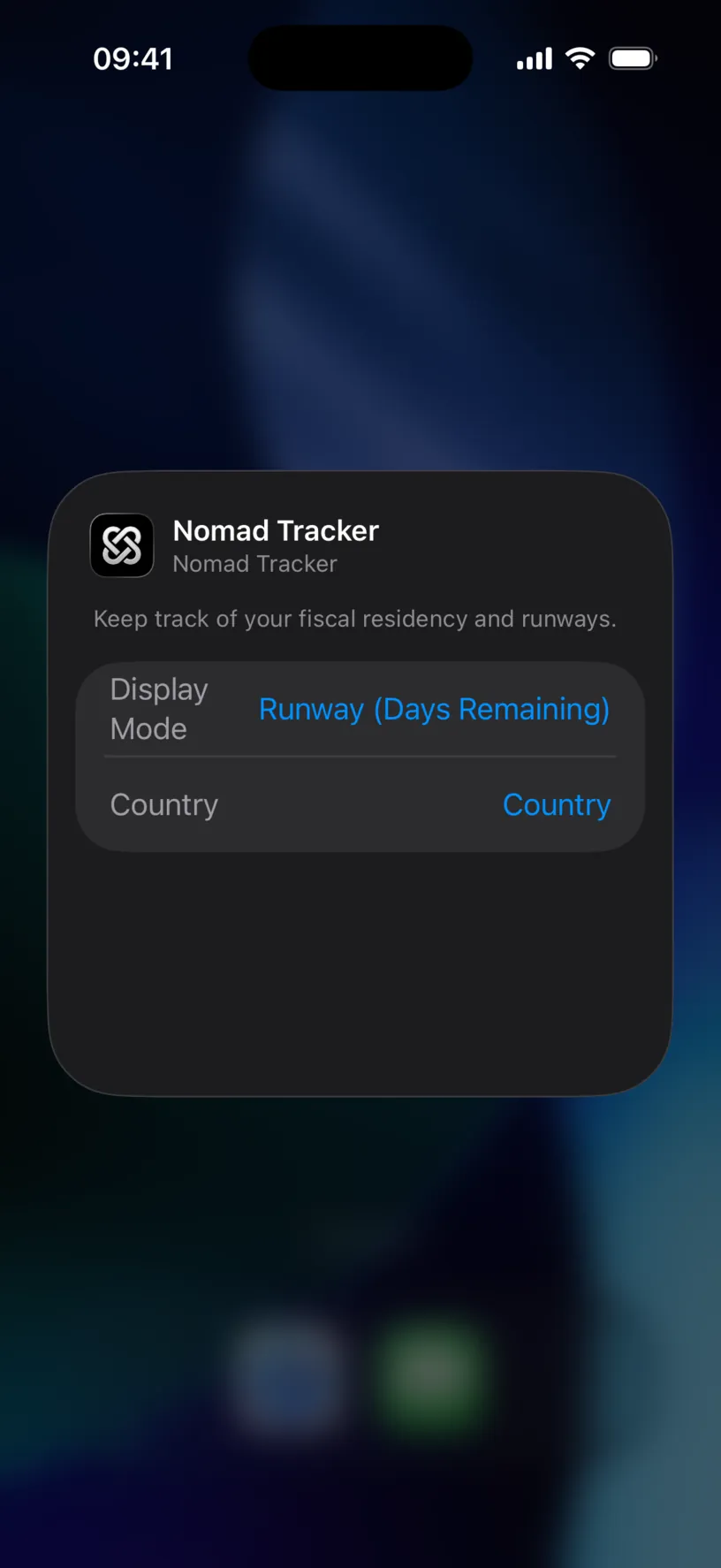 The Edit Widget sheet with a Display Mode row reading Runway (Days Remaining) and a Country row
