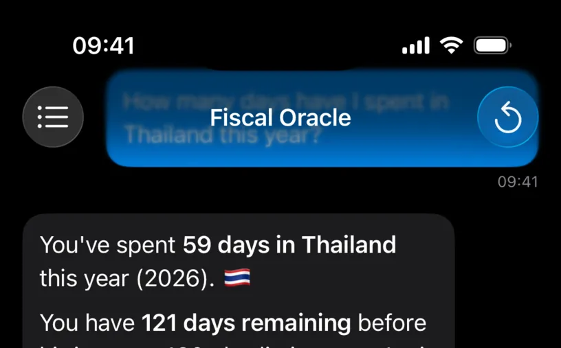 The Fiscal Oracle navigation bar with a list icon on the left and a circular arrow on the right