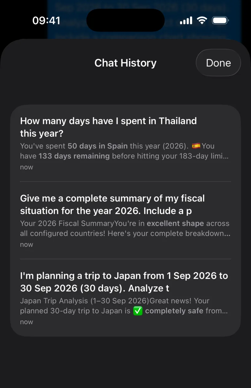 The Chat History sheet listing three saved conversations, each with a question, a preview of the reply and a relative time