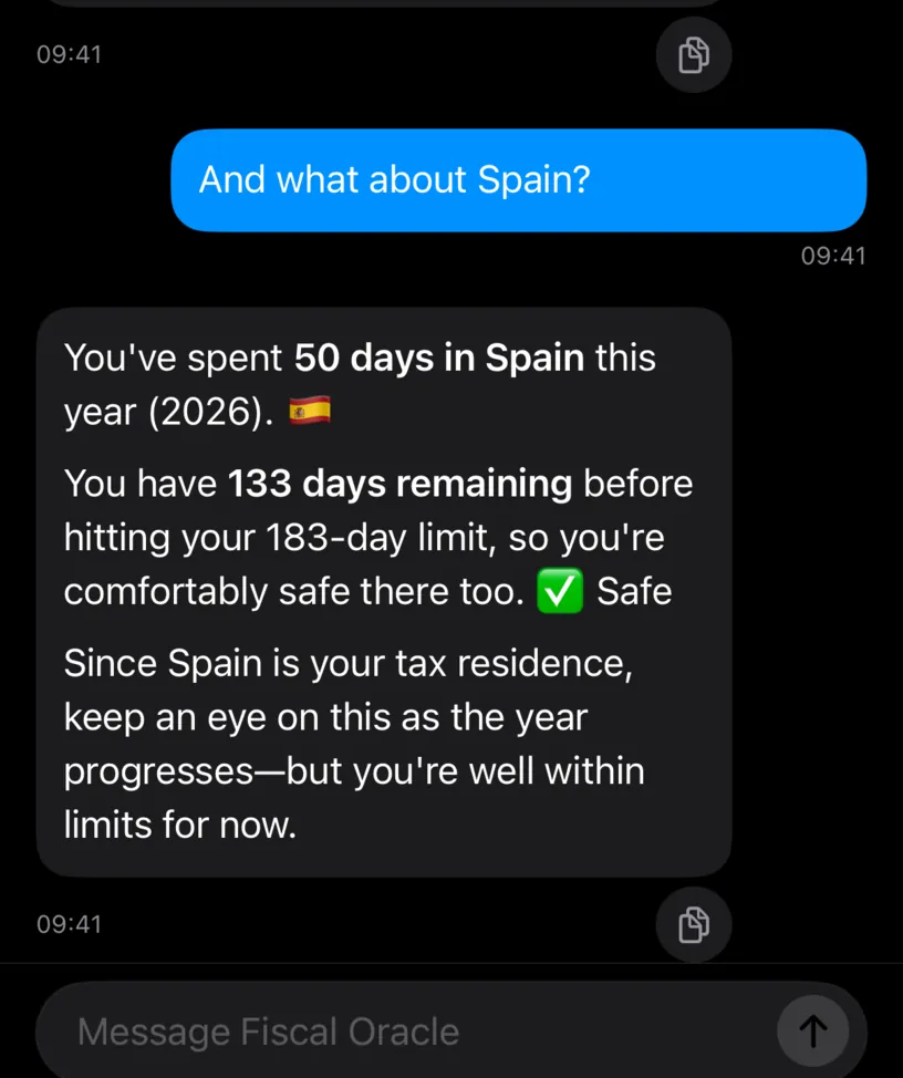 The reopened conversation showing the Thailand answer, the follow-up about Spain and its reply