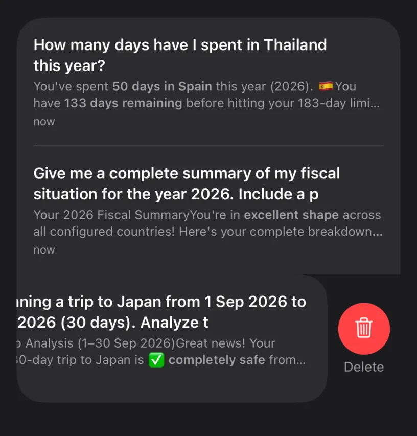 A row swiped open in the Chat History list with a red Delete button beside it