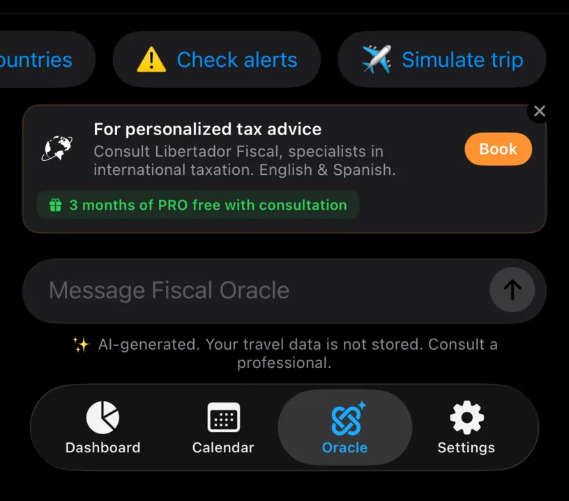 The shortcut row scrolled to the end, showing Compare countries, Check alerts and Simulate trip