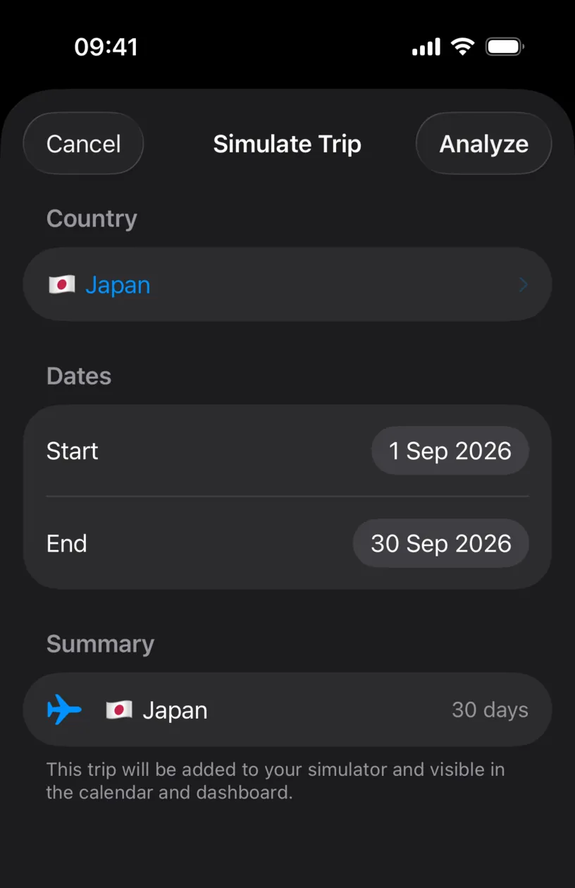 The Simulate Trip sheet with Japan selected, 1 Sep 2026 to 30 Sep 2026, and a summary reading 30 days