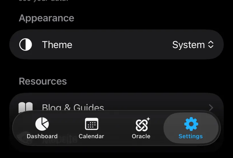 The Appearance section in Settings with a Theme row reading System