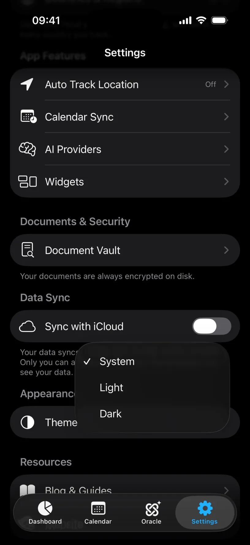 The Theme menu open with System checked, above Light and Dark