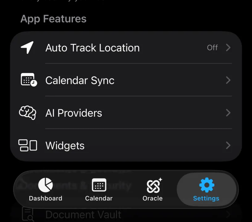 The App Features section in Settings, with AI Providers listed between Calendar Sync and Widgets