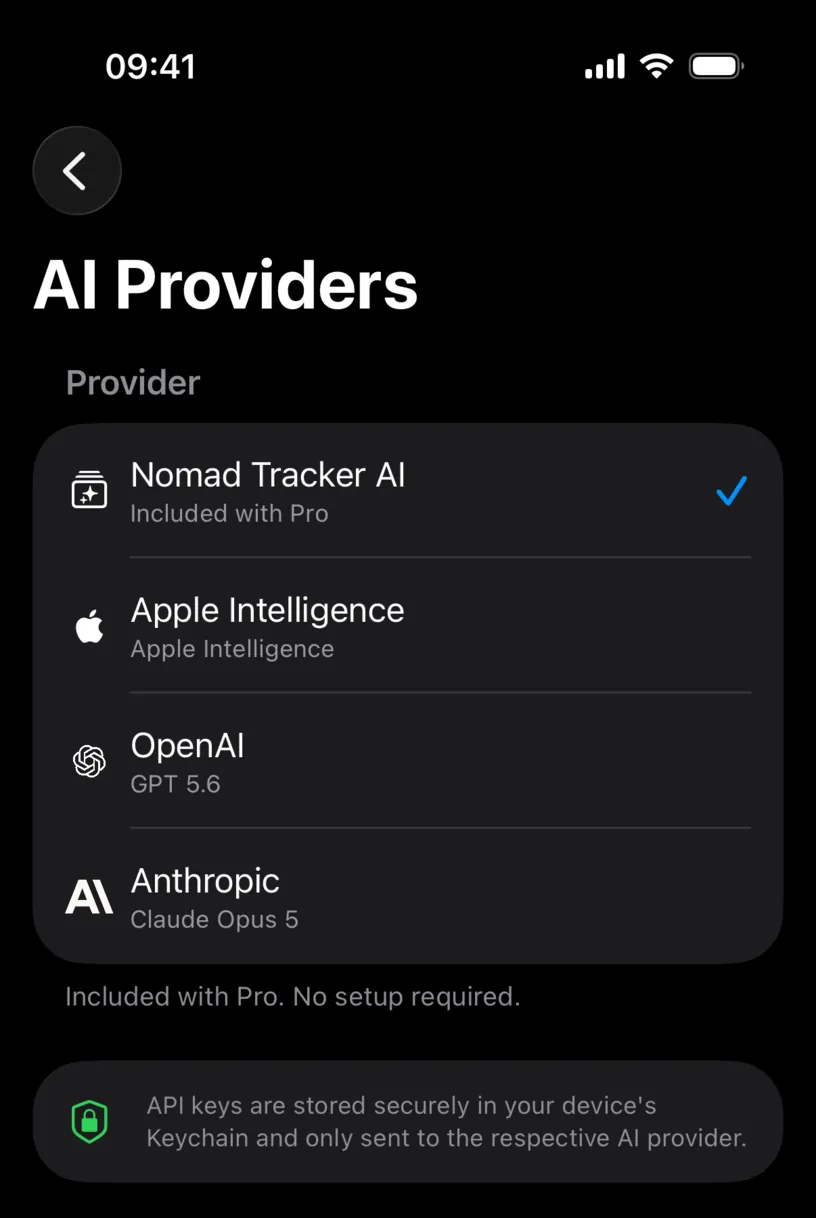 The AI Providers screen listing Nomad Tracker AI, Apple Intelligence, OpenAI and Anthropic, with Nomad Tracker AI selected
