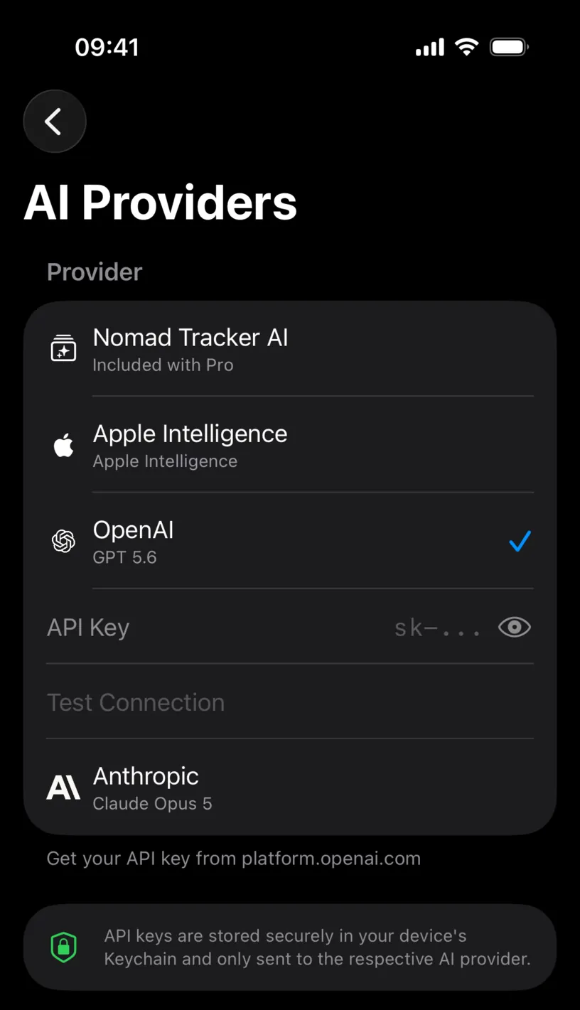 OpenAI selected, with an API Key field and a Test Connection row underneath, and a footer pointing to platform.openai.com