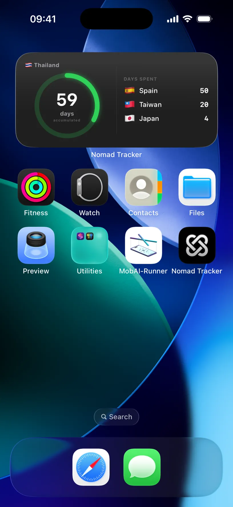The Home Screen with the medium Nomad Tracker widget reading Thailand, 59 days accumulated, and a DAYS SPENT list holding Spain 50, Taiwan 20 and Japan 4