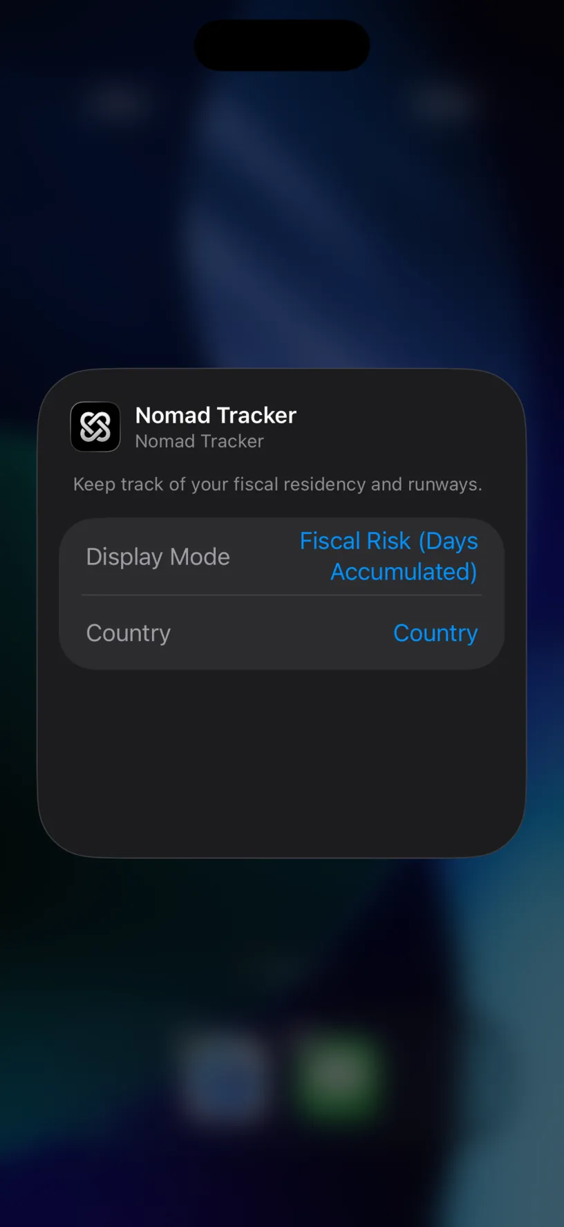 The Edit Widget sheet for Nomad Tracker, with a Display Mode row reading Fiscal Risk (Days Accumulated) and a Country row