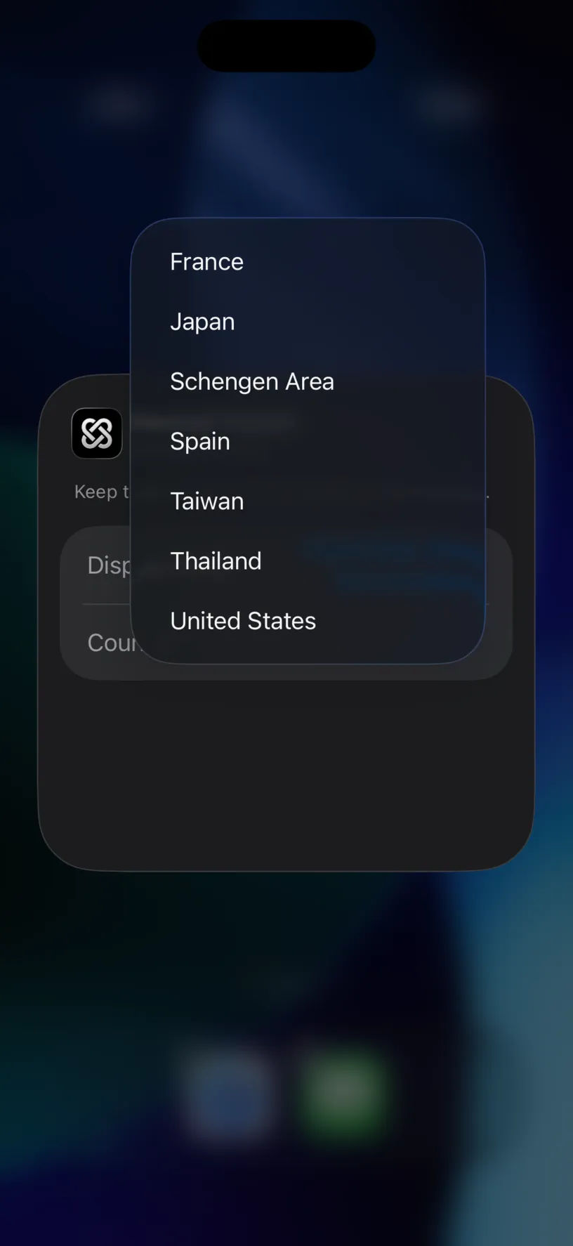 The Country menu listing France, Japan, Schengen Area, Spain, Taiwan, Thailand and United States over the dimmed Edit Widget sheet