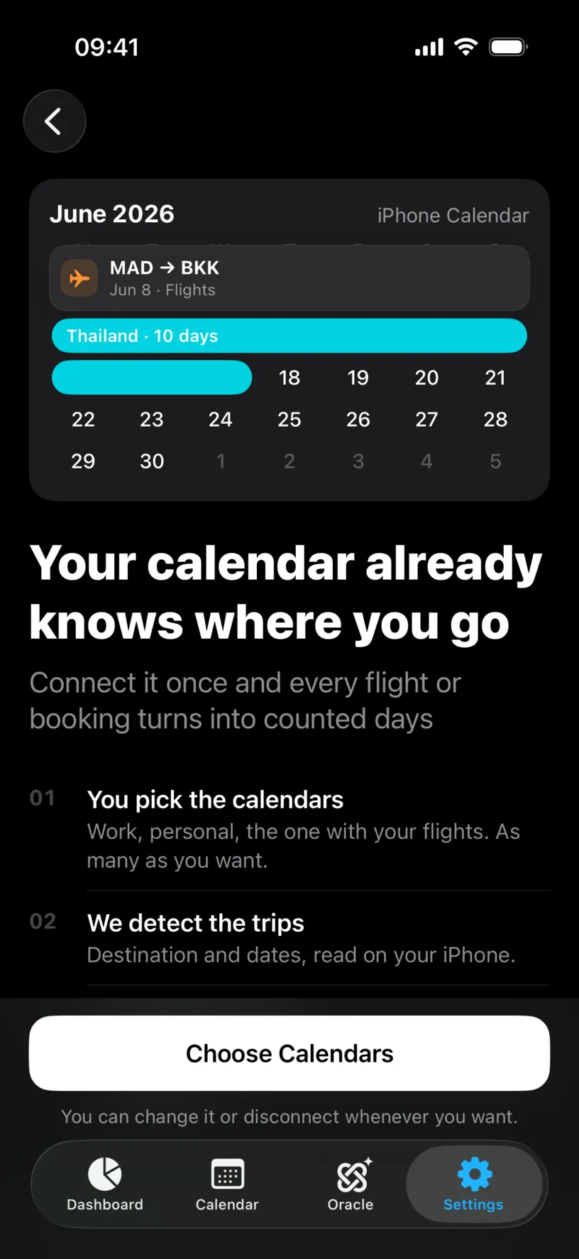 The Calendar Sync intro screen, titled Your calendar already knows where you go, with numbered steps and a Choose Calendars button