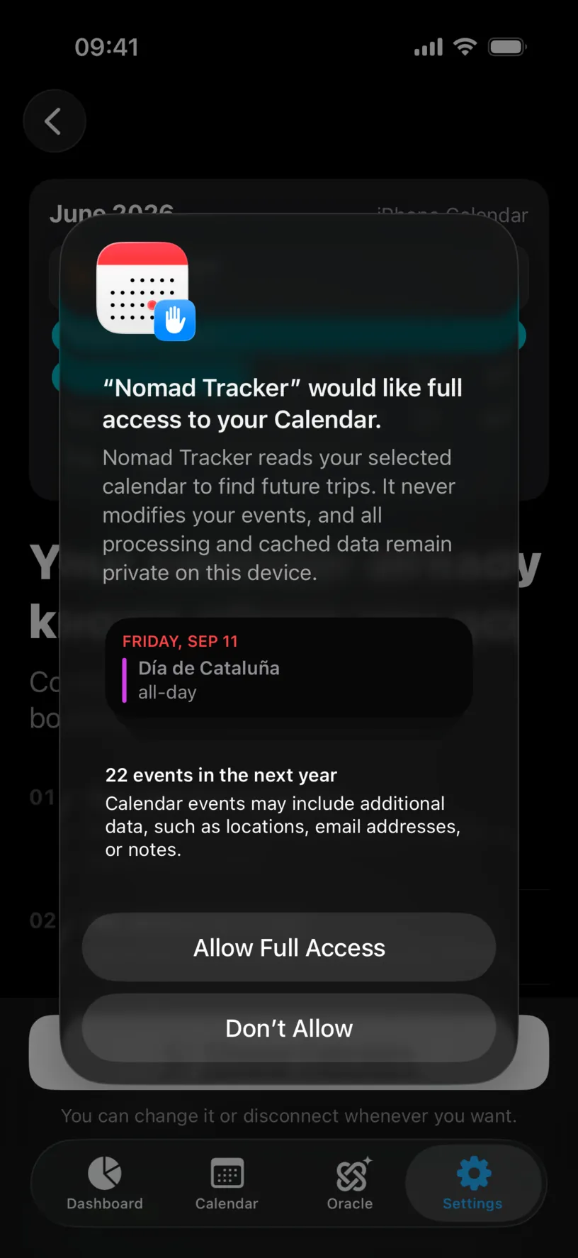 The iOS dialog reading Nomad Tracker would like full access to your Calendar, with Allow Full Access and Don’t Allow