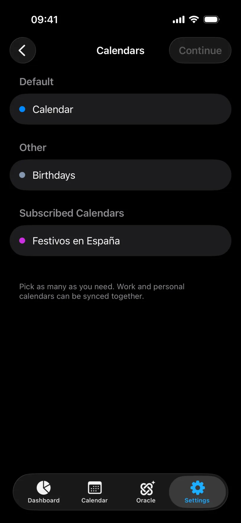 The Calendars screen with a Default group holding Calendar, an Other group with Birthdays, and a Subscribed Calendars group