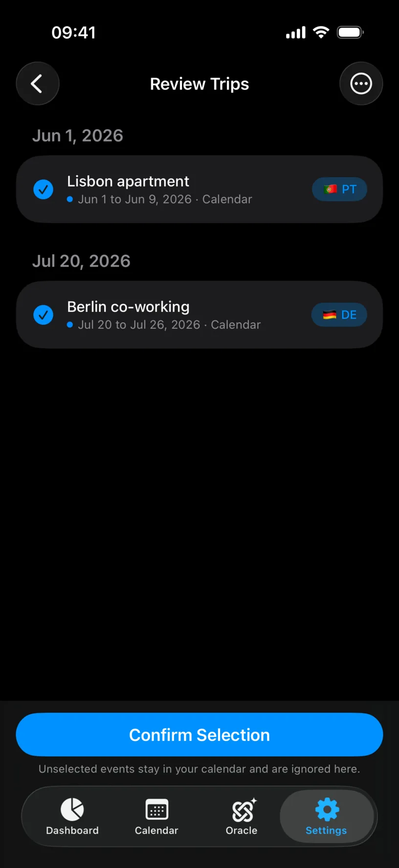 The Review Trips screen listing Lisbon apartment, Jun 1 to Jun 9, tagged PT, and Berlin co-working, Jul 20 to Jul 26, tagged DE