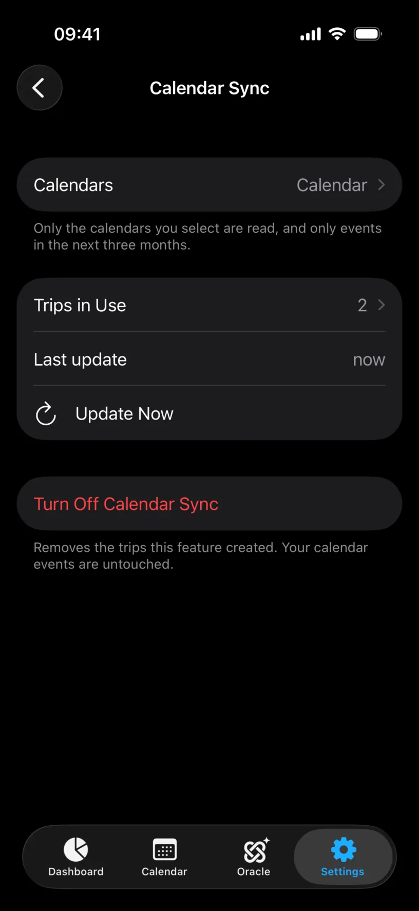The configured Calendar Sync screen with Calendars, Trips in Use 2, Last update now, Update Now and Turn Off Calendar Sync