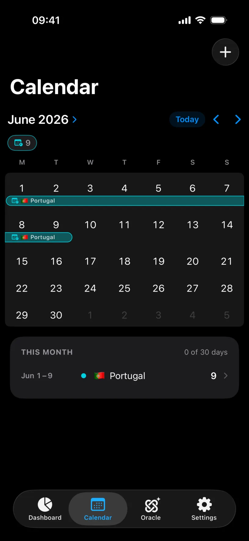 The June 2026 calendar with a synced Portugal band across 1 to 9, a calendar badge on the chip, and a THIS MONTH list reading 0 of 30 days