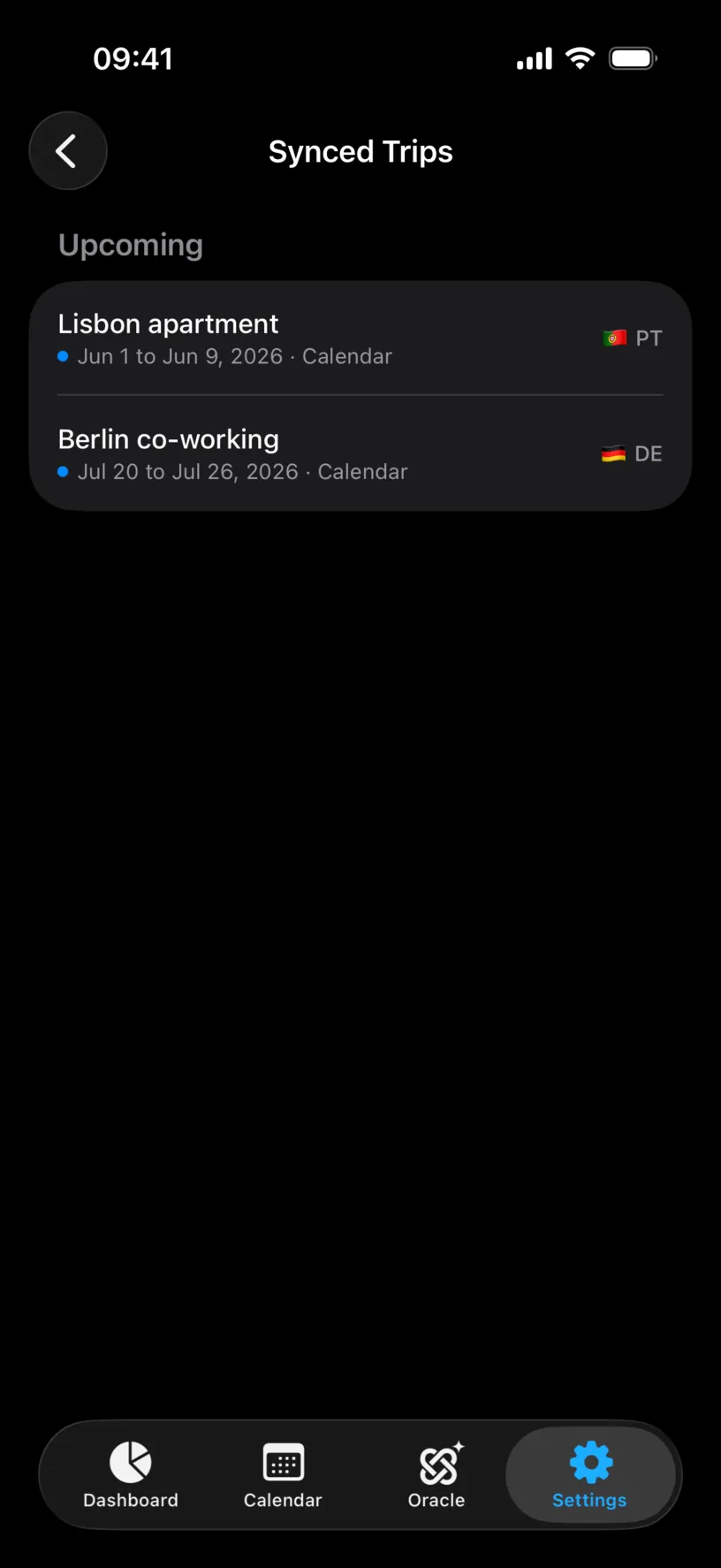 The Synced Trips screen with an Upcoming list holding the Lisbon and Berlin trips with their country tags