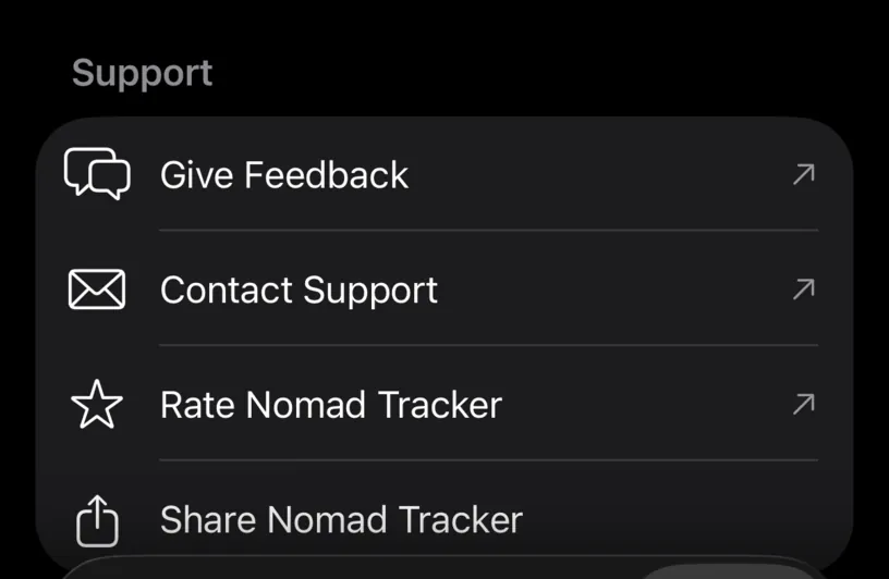 The Support section in Settings, listing Give Feedback, Contact Support, Rate Nomad Tracker and Share Nomad Tracker