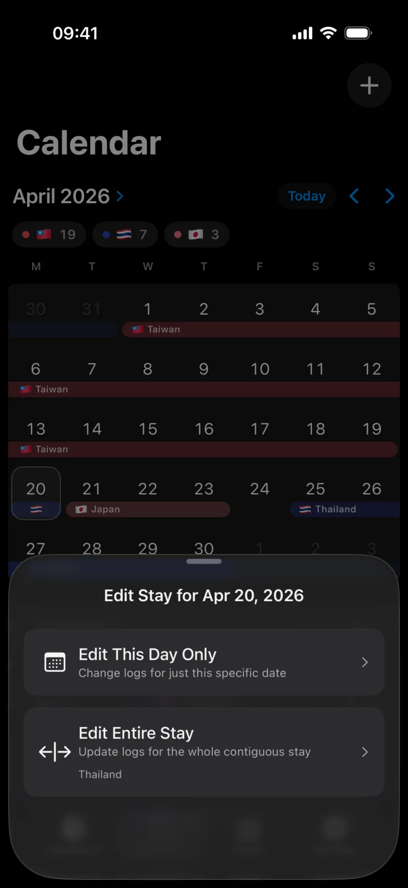 The Edit Stay for Apr 20, 2026 sheet offering Edit This Day Only and Edit Entire Stay, with Thailand named under the second option