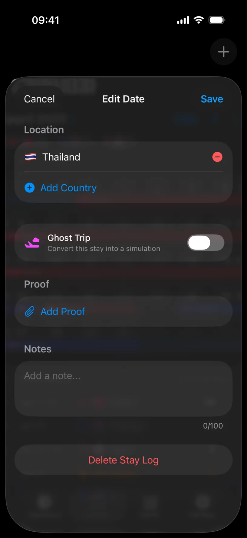 The Edit Date sheet with Thailand under Location, a red remove button, Add Country, a Ghost Trip toggle, Proof, Notes and Delete Stay Log