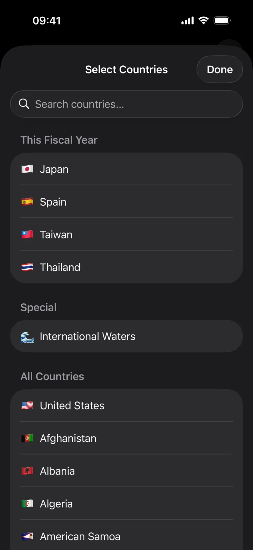 The Select Countries sheet with a This Fiscal Year group listing Japan, Spain, Taiwan and Thailand above the full country list