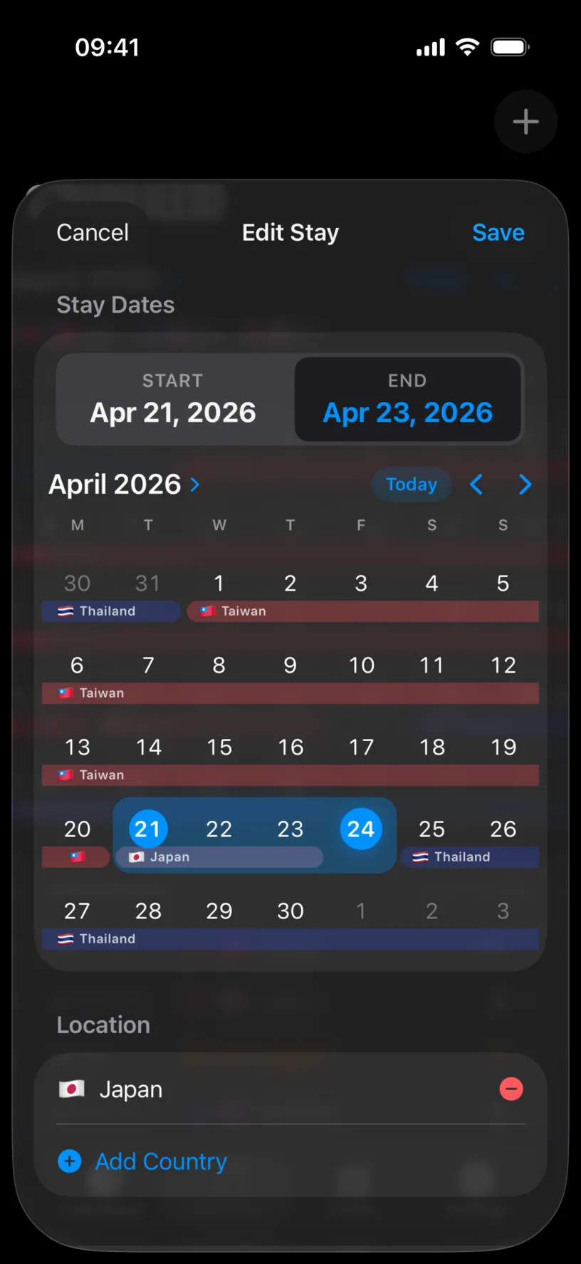 The Edit Stay sheet with Apr 21 to Apr 24 highlighted in the grid, the END box reading Apr 23, and Japan under Location