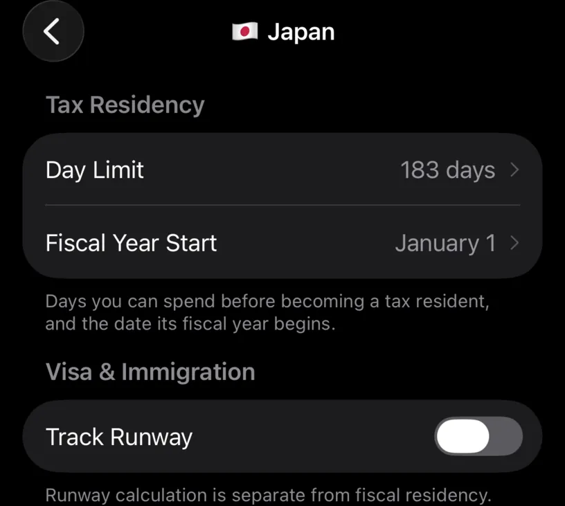 The Japan settings screen with a Tax Residency section holding Day Limit 183 days and Fiscal Year Start January 1