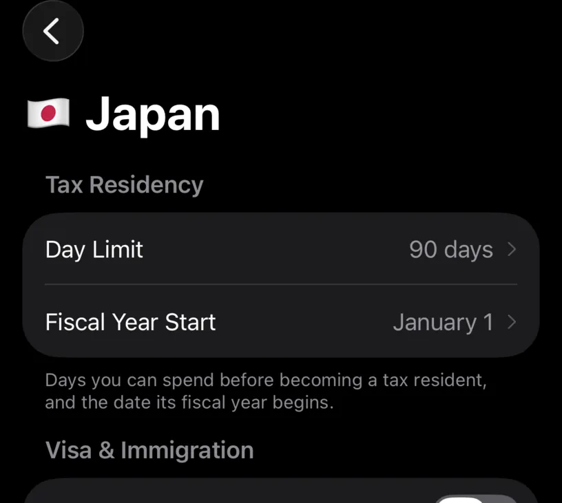 The Japan settings screen with Day Limit now reading 90 days