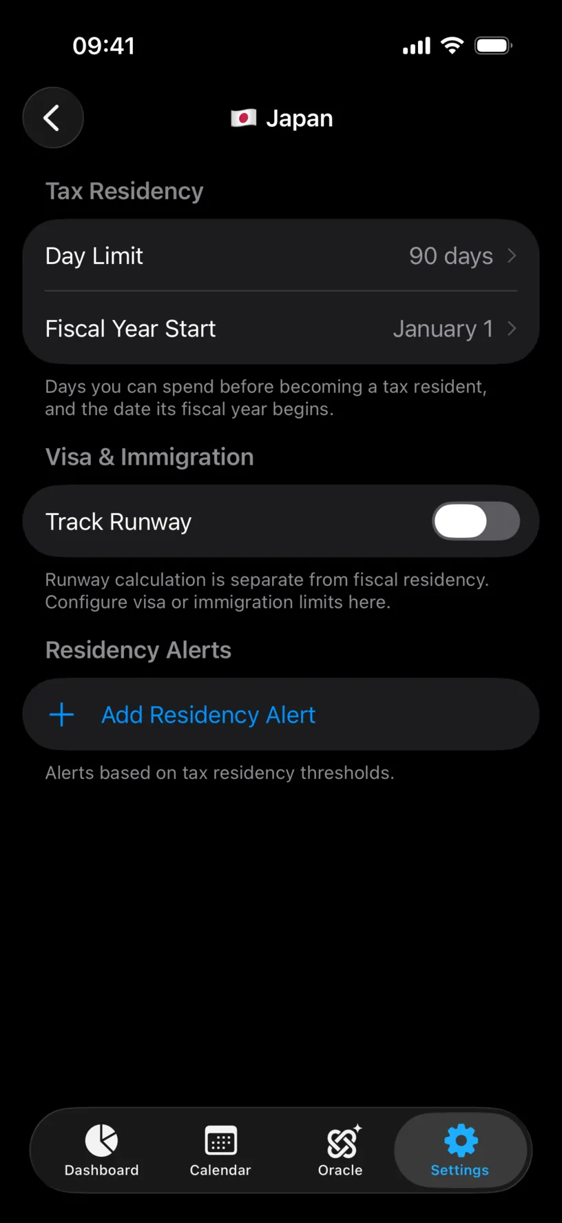 The Japan settings screen with Day Limit 90 days, Fiscal Year Start January 1 and Track Runway off