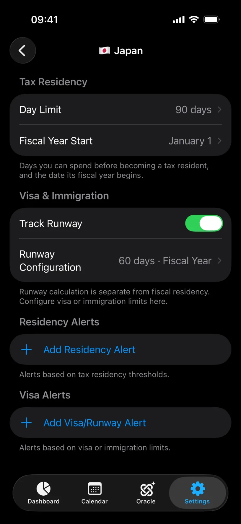 The Japan settings screen with Track Runway on and a Runway Configuration row reading 60 days, Fiscal Year