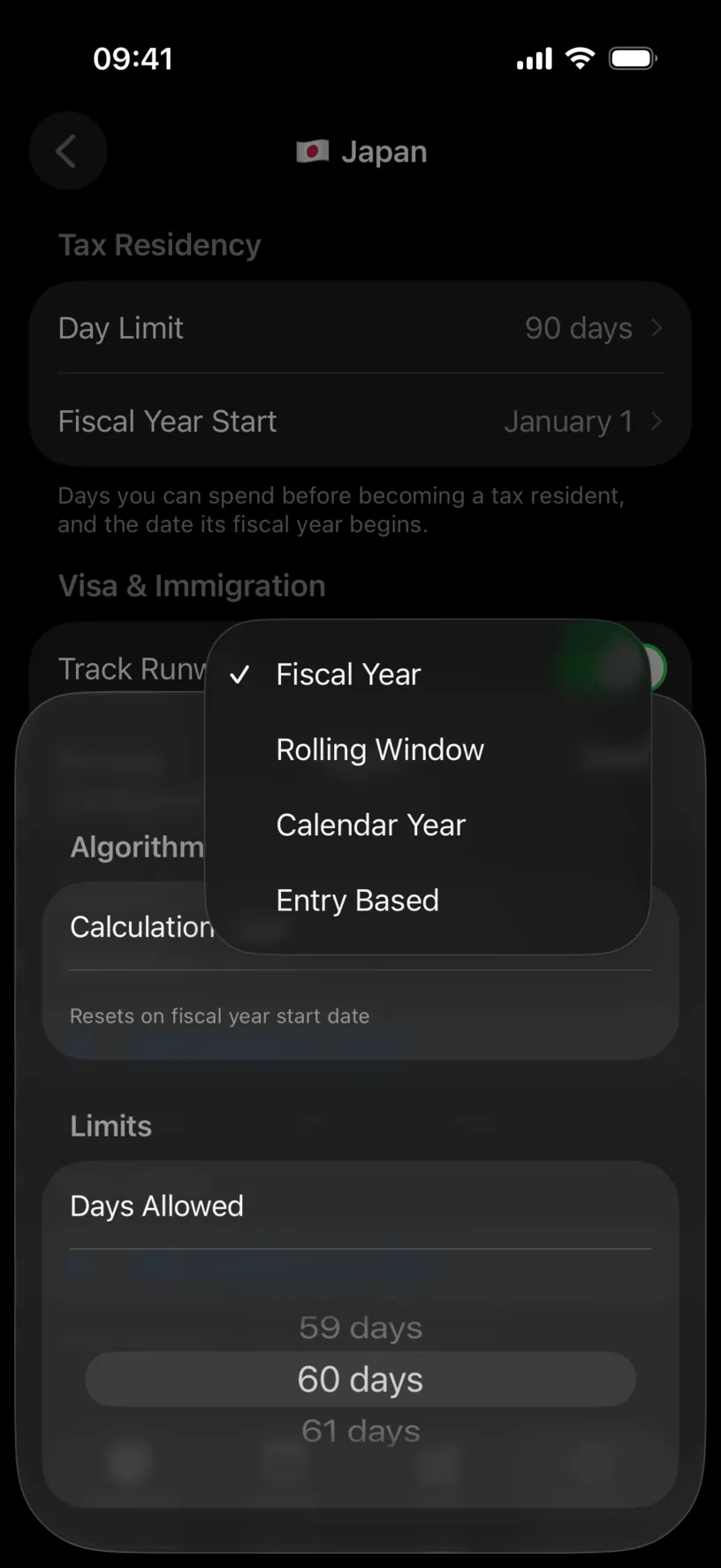 The Calculation Type menu open, listing Fiscal Year, Rolling Window, Calendar Year and Entry Based