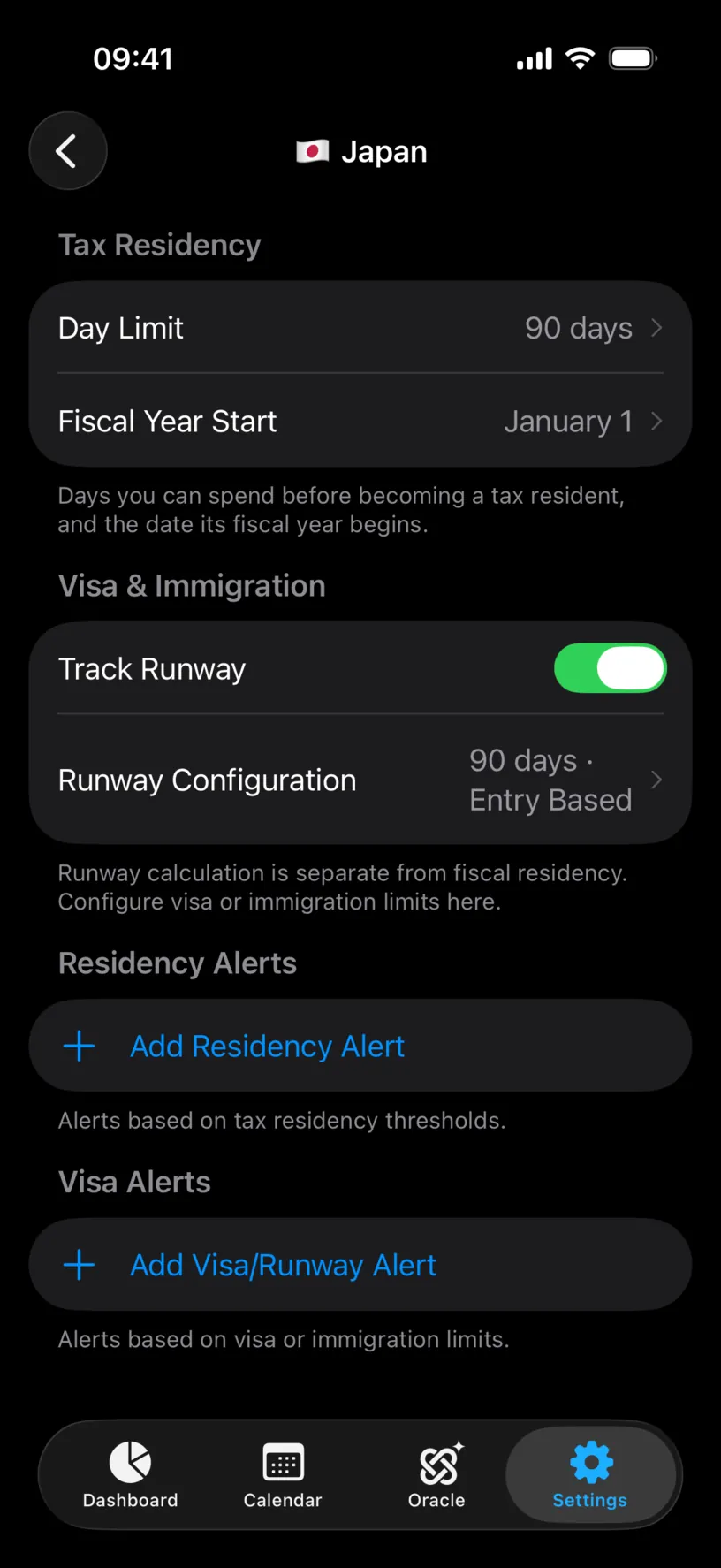 The Japan settings screen with Runway Configuration reading 90 days, Entry Based