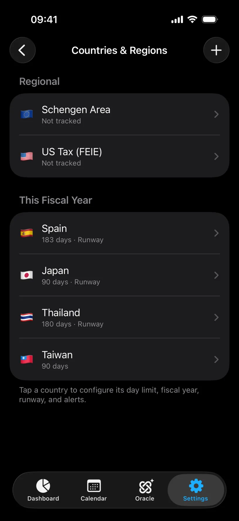 The Countries & Regions list with a Japan row reading 90 days, Runway