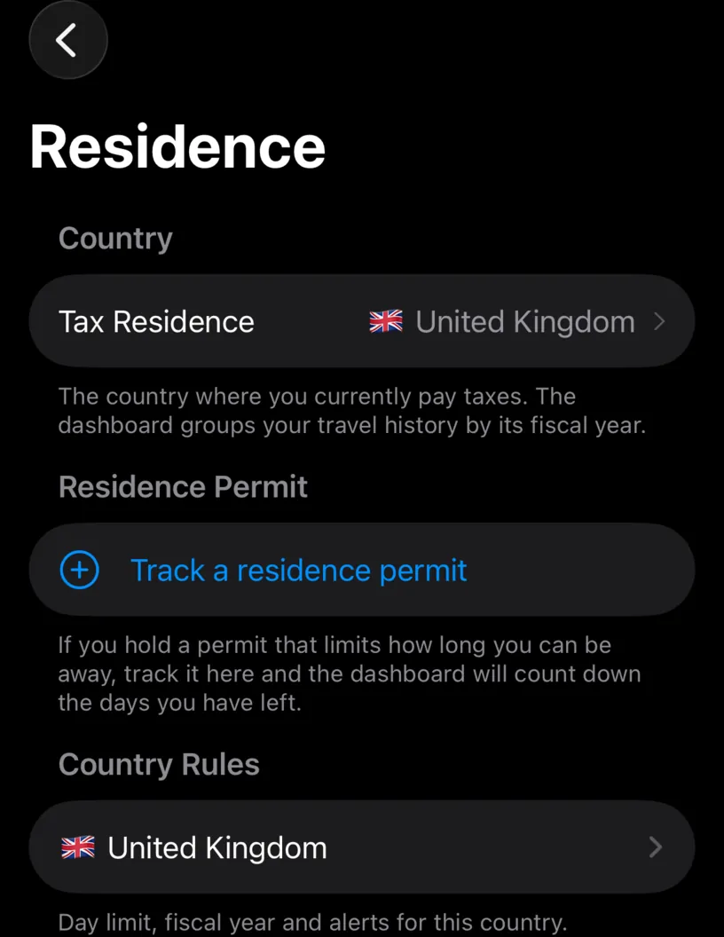 The Residence screen with Tax Residence set to United Kingdom, a footer explaining the dashboard groups history by its fiscal year, and a Country Rules section
