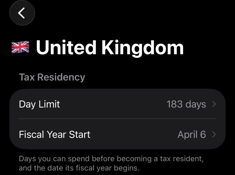 The United Kingdom settings screen with Day Limit 183 days and Fiscal Year Start April 6