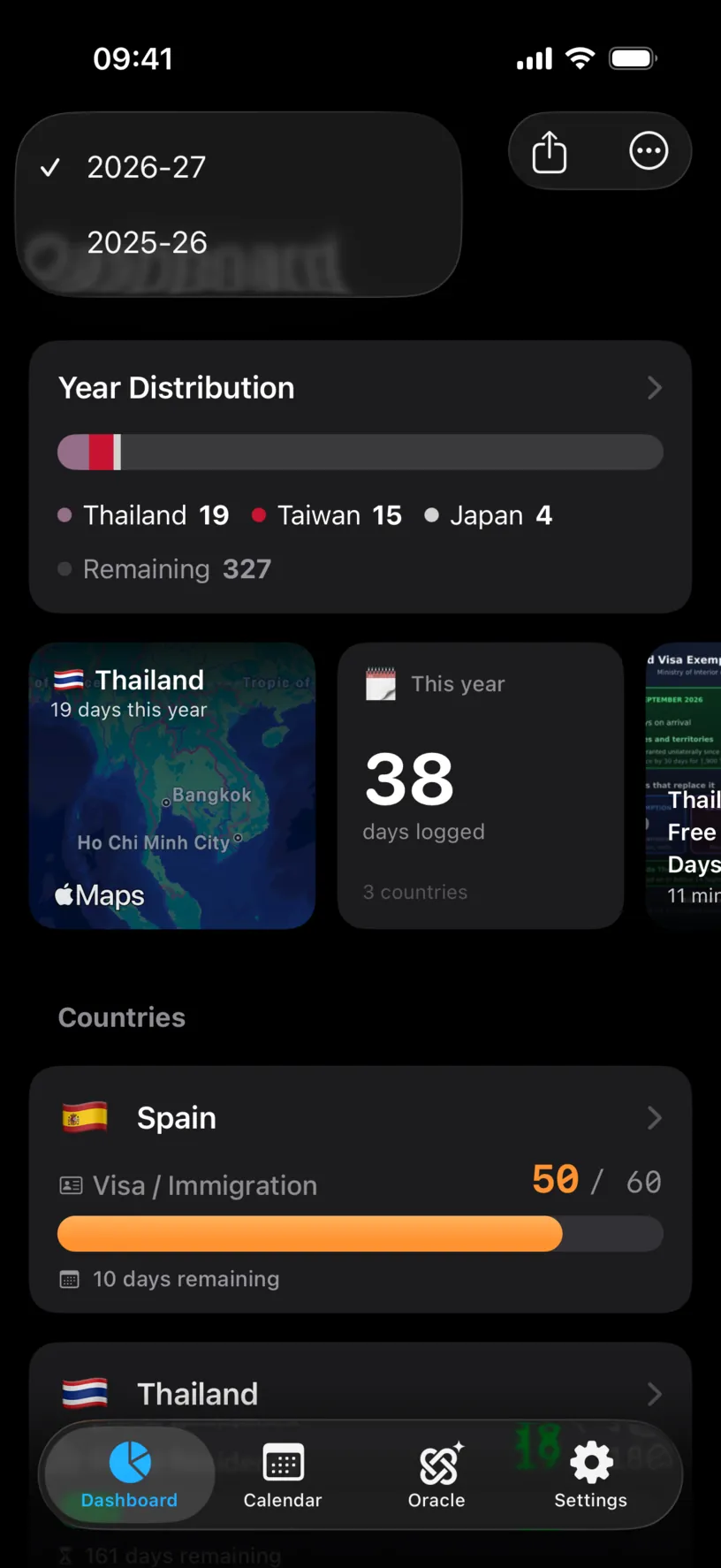The year menu open over the dashboard, listing 2026-27 with a tick and 2025-26 below it
