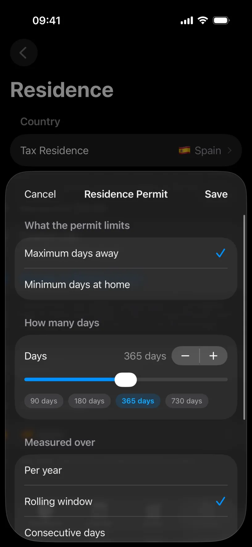 The Residence Permit sheet with What the permit limits offering Maximum days away, selected, and Minimum days at home, above a How many days slider on 365 days with chips for 90, 180, 365 and 730 days