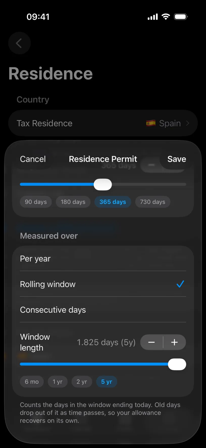 The Measured over list with Per year, Rolling window selected and Consecutive days, above a Window length control set to five years with chips for 6 mo, 1 yr, 2 yr and 5 yr, and a footer explaining that old days drop out of the window