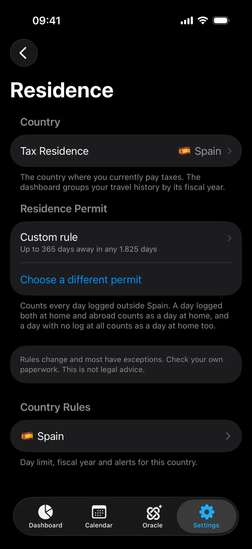 The Residence screen with a Residence Permit section reading Custom rule, up to 365 days away in any 1825 day window, a Choose a different permit link, and footers about how days are counted and that this is not legal advice